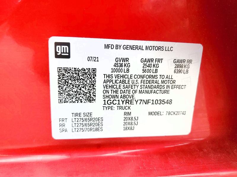 2022 Chevrolet Silverado მანქანა იყიდება აუქციონზე, vin: 1GC1YREY7NF103548, აუქციონის ნომერი: 50548416