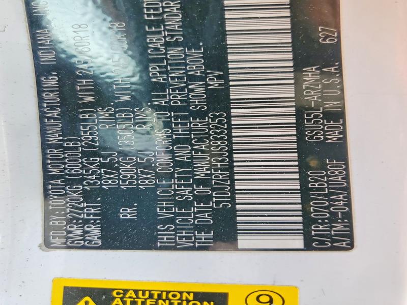 2018 Toyota Highlander მანქანა იყიდება აუქციონზე, vin: 5TDJZRFH3JS833253, აუქციონის ნომერი: 50329666
