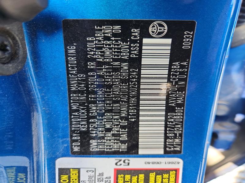 50426196 :رقم المزاد ، 4T1B11HK1KU254342 vin ، 2019 Toyota Camry مزاد بيع