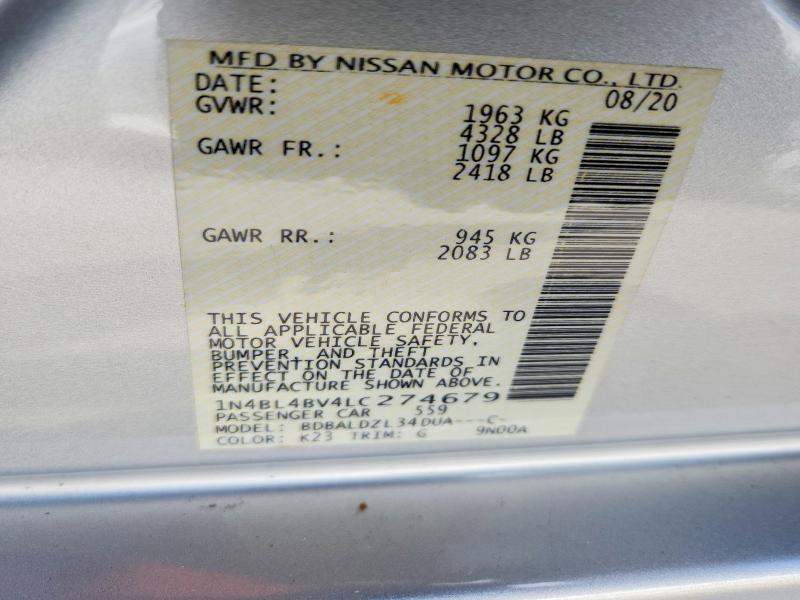 2020 Nissan Altima მანქანა იყიდება აუქციონზე, vin: 1N4BL4BV4LC274679, აუქციონის ნომერი: 51164866