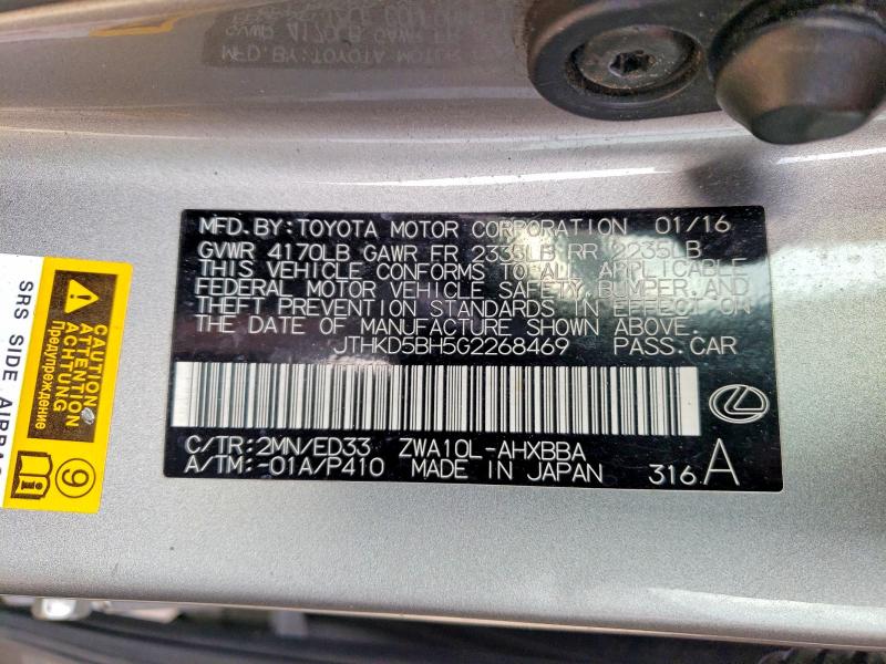 48075226 :رقم المزاد ، JTHKD5BH5G2268469 vin ، 2016 Lexus Ct 200h مزاد بيع