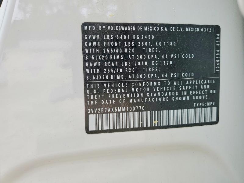 Aukcja sprzedaży 2021 Volkswagen Tiguan, vin: 3VV2B7AX5MM100770, numer aukcji: 48693006