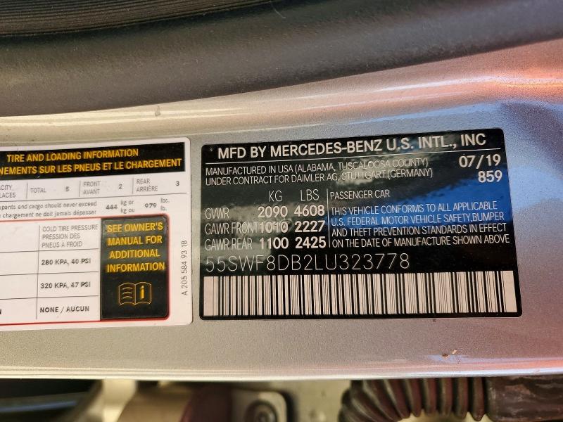 50052556 :رقم المزاد ، 55SWF8DB2LU323778 vin ، 2020 Mercedes-benz C مزاد بيع