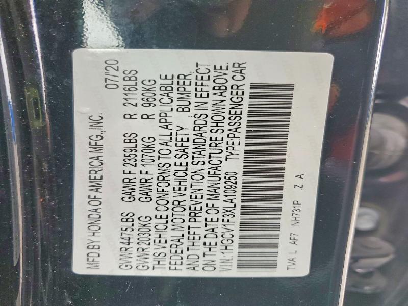 Продажа на аукционе авто 2020 Honda Accord, vin: 1HGCV1F3XLA109250, номер лота: 48806506