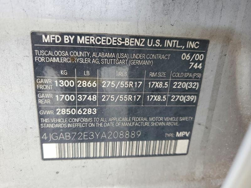 50991466 :رقم المزاد ، 4JGAB72E3YA208889 vin ، 2000 Mercedes-benz Ml مزاد بيع