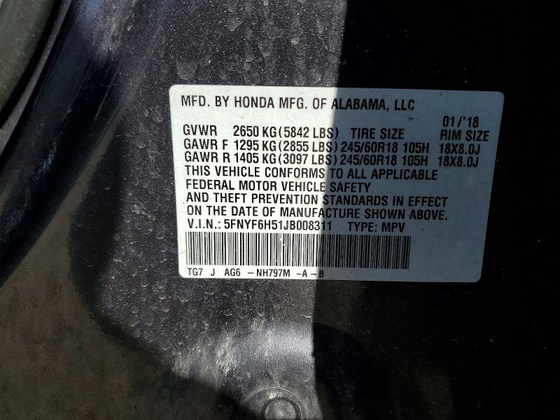 50165786 :رقم المزاد ، 5FNYF6H51JB008311 vin ، 2018 Honda Pilot مزاد بيع