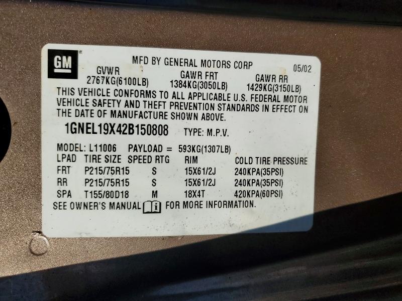 50105846 :رقم المزاد ، 1GNEL19X42B150808 vin ، 2002 Chevrolet Astro مزاد بيع