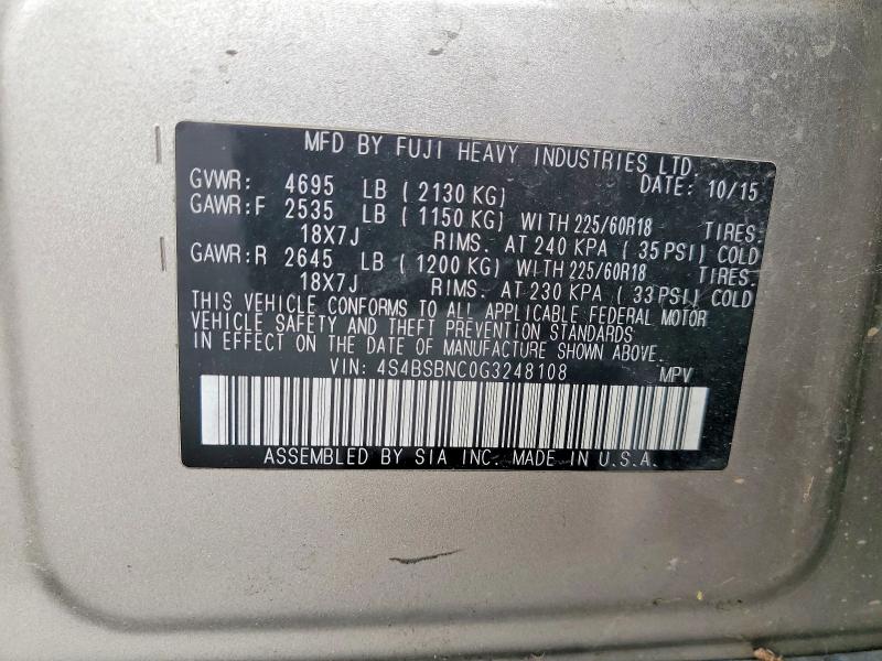 Auction sale of the 2016 Subaru Outback, vin: 4S4BSBNC0G3248108, lot number: 50752836