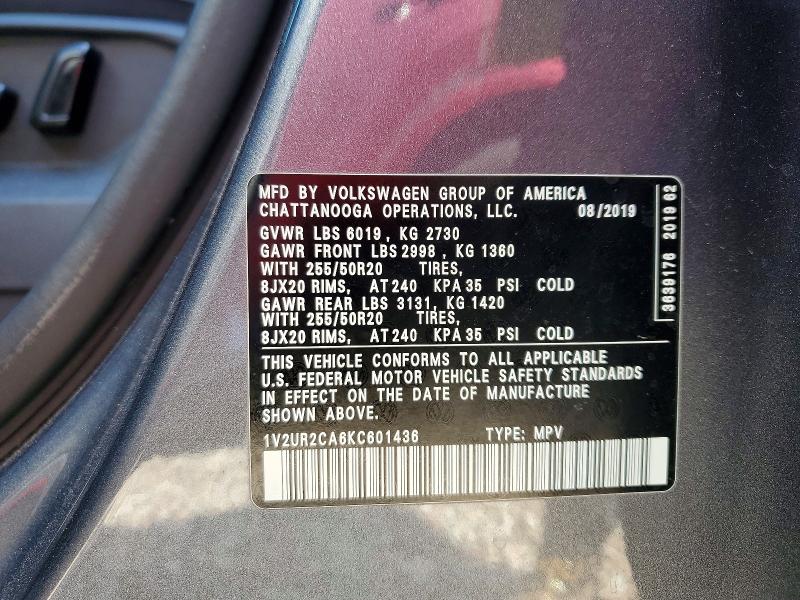 Aukcja sprzedaży 2019 Volkswagen Atlas, vin: 1V2UR2CA6KC601436, numer aukcji: 50362056