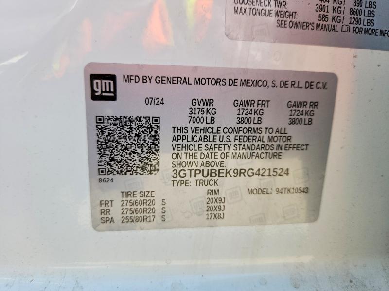 Aukcja sprzedaży 2024 Gmc Sierra, vin: 3GTPUBEK9RG421524, numer aukcji: 50365976
