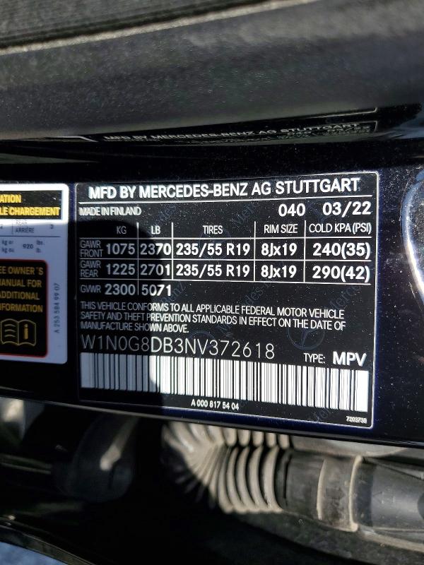 Aukcja sprzedaży 2022 Mercedes-benz Glc, vin: W1N0G8DB3NV372618, numer aukcji: 51907496
