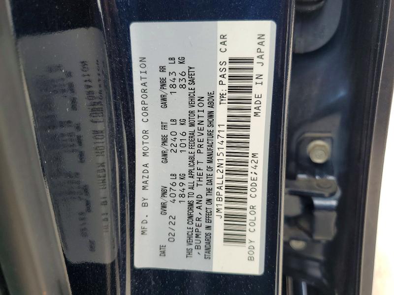 50847826 :رقم المزاد ، JM1BPALL2N1514711 vin ، 2022 Mazda 3 مزاد بيع