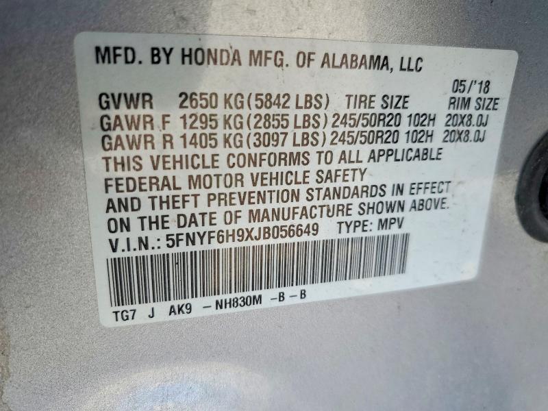 2018 Honda Pilot მანქანა იყიდება აუქციონზე, vin: 5FNYF6H9XJB056649, აუქციონის ნომერი: 48702376