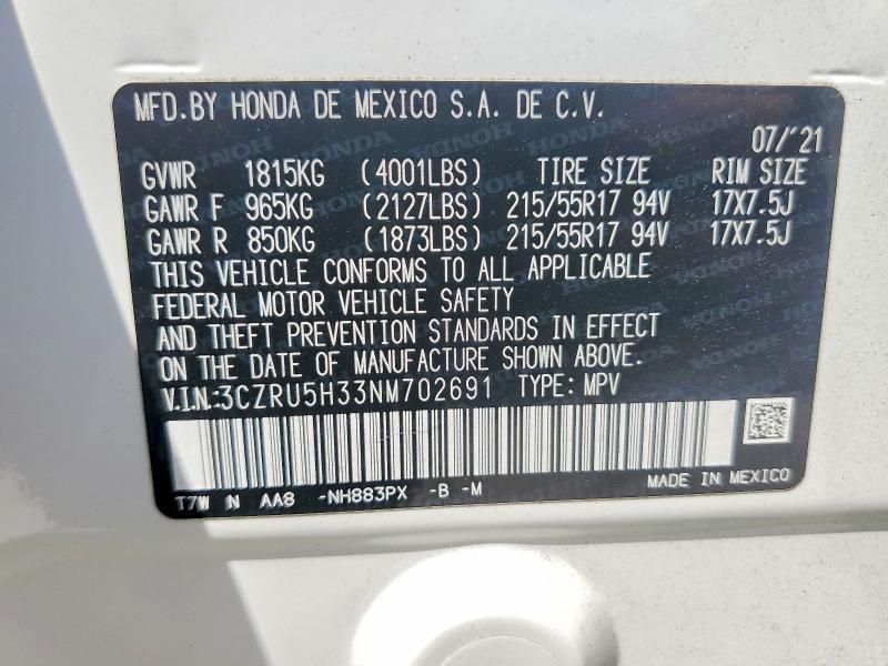51028046 :رقم المزاد ، 3CZRU5H33NM702691 vin ، 2022 Honda Hr-v مزاد بيع