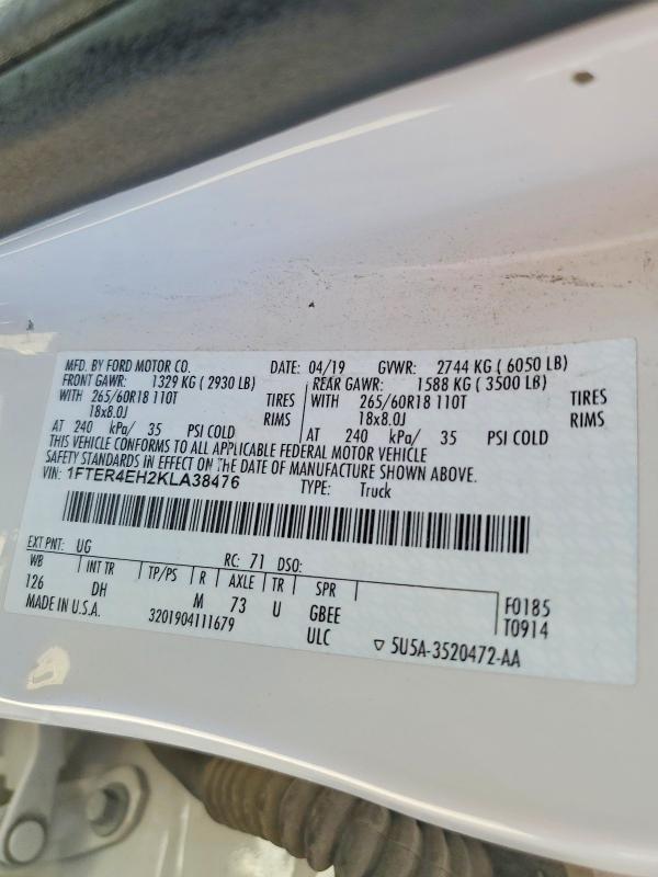 2019 Ford Ranger მანქანა იყიდება აუქციონზე, vin: 1FTER4EH2KLA38476, აუქციონის ნომერი: 48695286