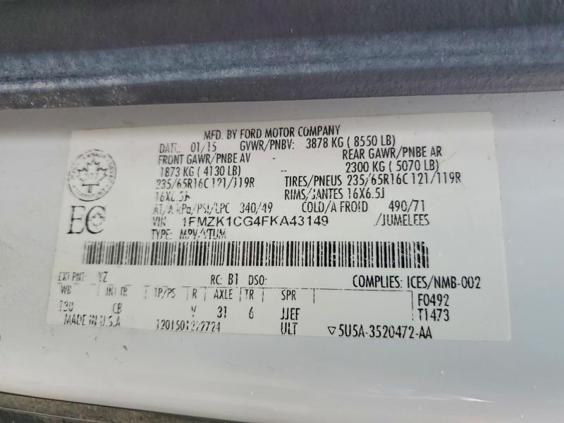 51791196 :رقم المزاد ، 1FMZK1CG4FKA43149 vin ، 2015 Ford Transit مزاد بيع