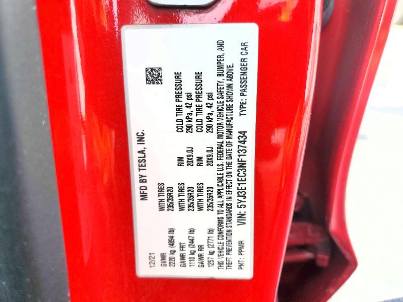 48935146 :رقم المزاد ، 5YJ3E1EC3NF137434 vin ، 2022 Tesla Model 3 مزاد بيع