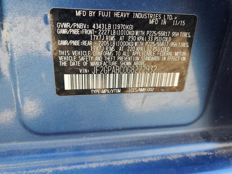 2016 Subaru Crosstrek მანქანა იყიდება აუქციონზე, vin: JF2GPABC0G8222932, აუქციონის ნომერი: 49316646