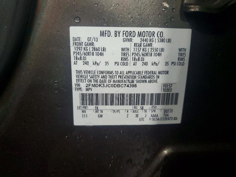 50805546 :رقم المزاد ، 2FMDK3JC0DBC74398 vin ، 2013 Ford Edge مزاد بيع