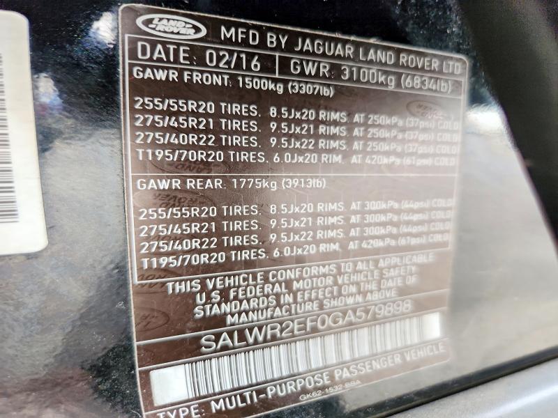 50228836 :رقم المزاد ، SALWR2EF0GA579898 vin ، 2016 Land Rover Range Rover Sport مزاد بيع