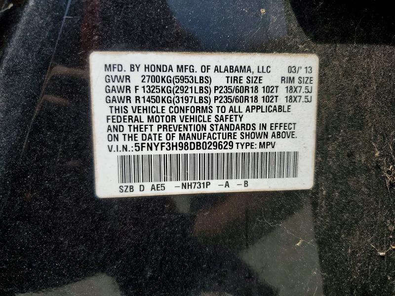 49915136 :رقم المزاد ، 5FNYF3H98DB029629 vin ، 2013 Honda Pilot مزاد بيع