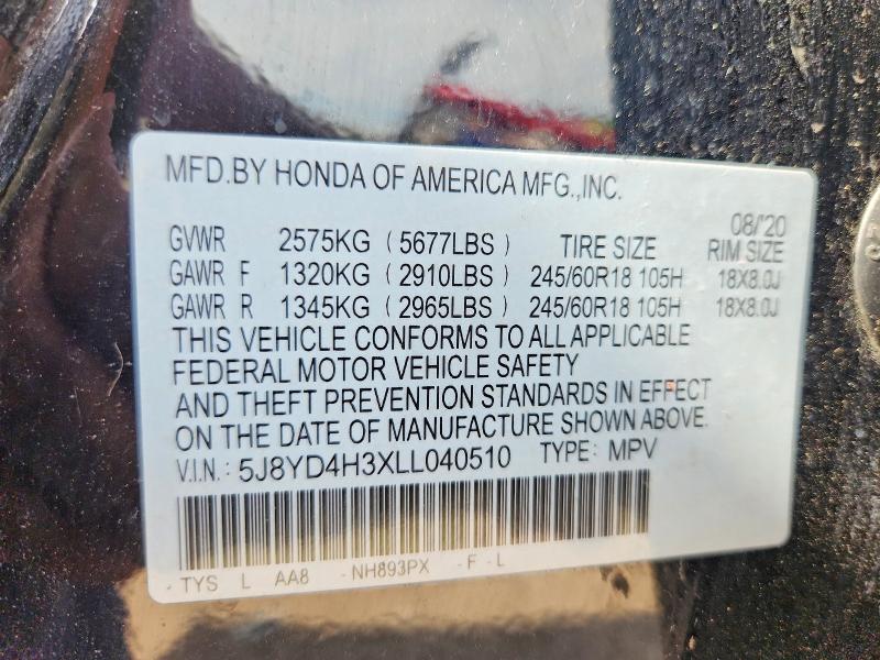 2020 Acura Mdx მანქანა იყიდება აუქციონზე, vin: 5J8YD4H3XLL040510, აუქციონის ნომერი: 49814656