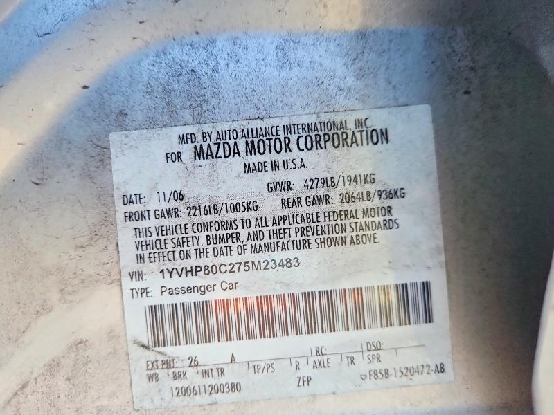 49163506 :رقم المزاد ، 1YVHP80C275M23483 vin ، 2007 Mazda 6 مزاد بيع