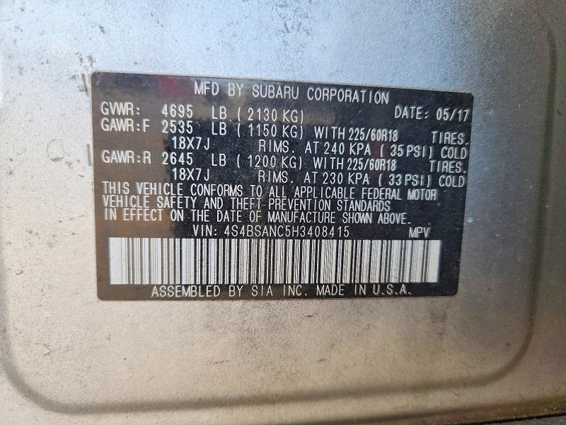 Aukcja sprzedaży 2017 Subaru Outback, vin: 4S4BSANC5H3408415, numer aukcji: 50603006