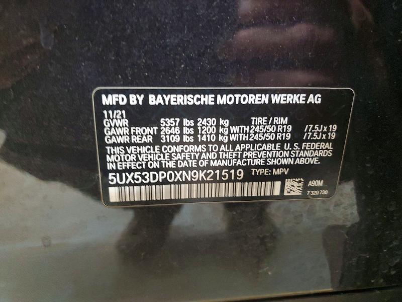 50777706 :رقم المزاد ، 5UX53DP0XN9K21519 vin ، 2022 Bmw X3 مزاد بيع