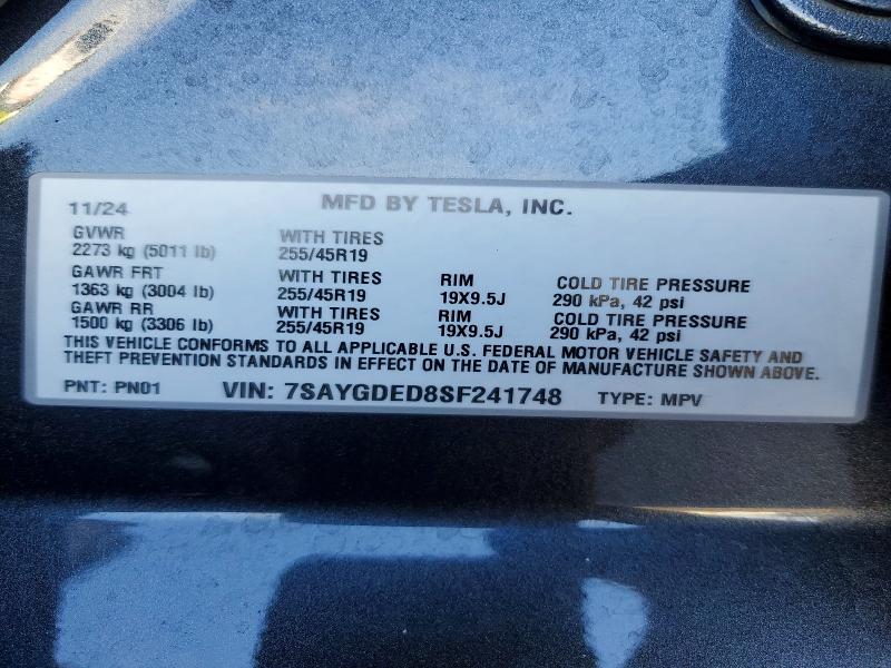 2025 Tesla Model Y მანქანა იყიდება აუქციონზე, vin: 7SAYGDED8SF241748, აუქციონის ნომერი: 50176606
