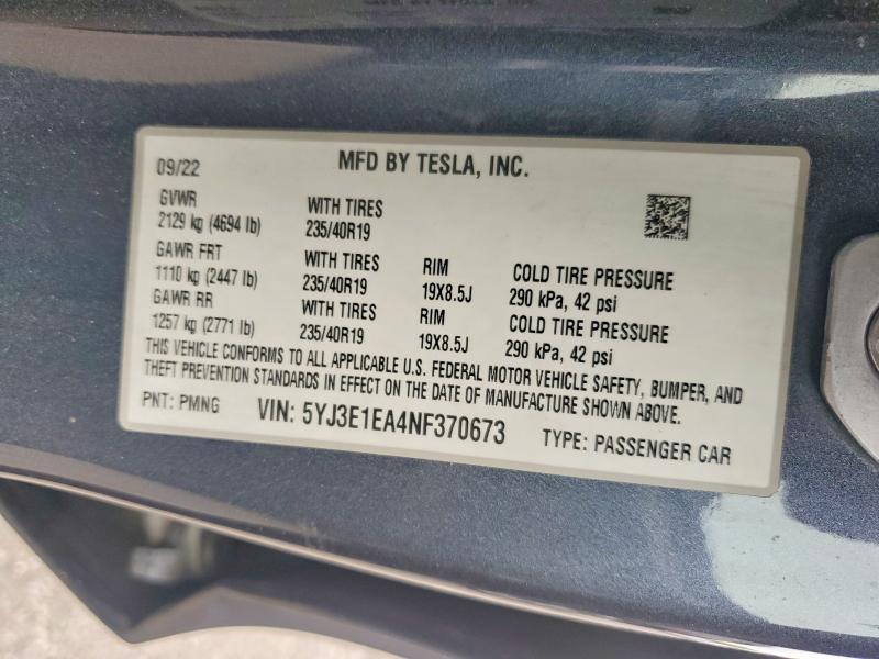 51562176 :رقم المزاد ، 5YJ3E1EA4NF370673 vin ، 2022 Tesla Model 3 مزاد بيع