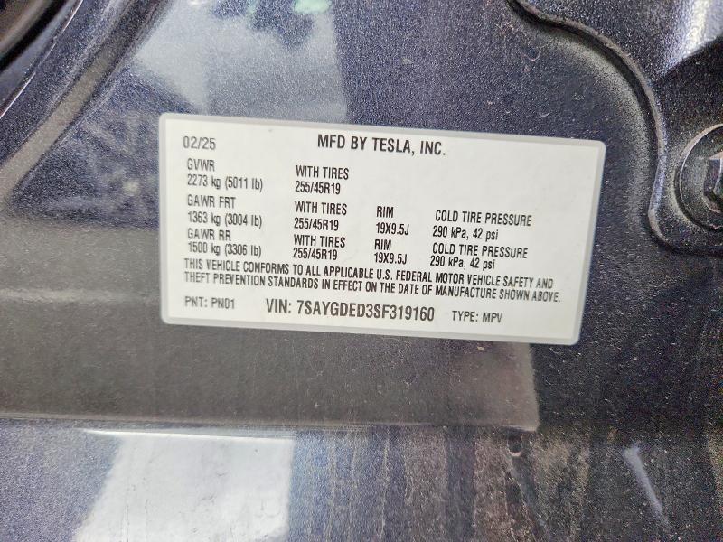 Продаж на аукціоні авто 2025 Tesla Model Y, vin: 7SAYGDED3SF319160, номер лоту: 49595386