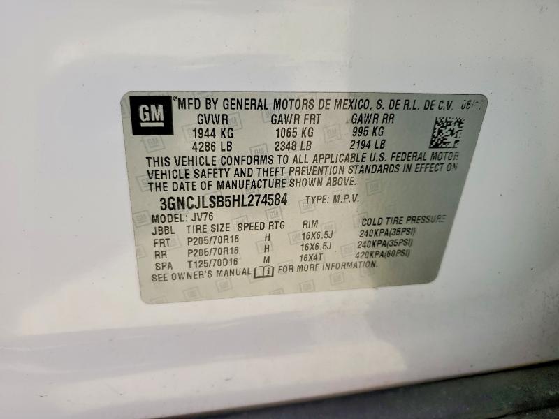Продаж на аукціоні авто 2017 Chevrolet Trax, vin: 3GNCJLSB5HL274584, номер лоту: 50118696