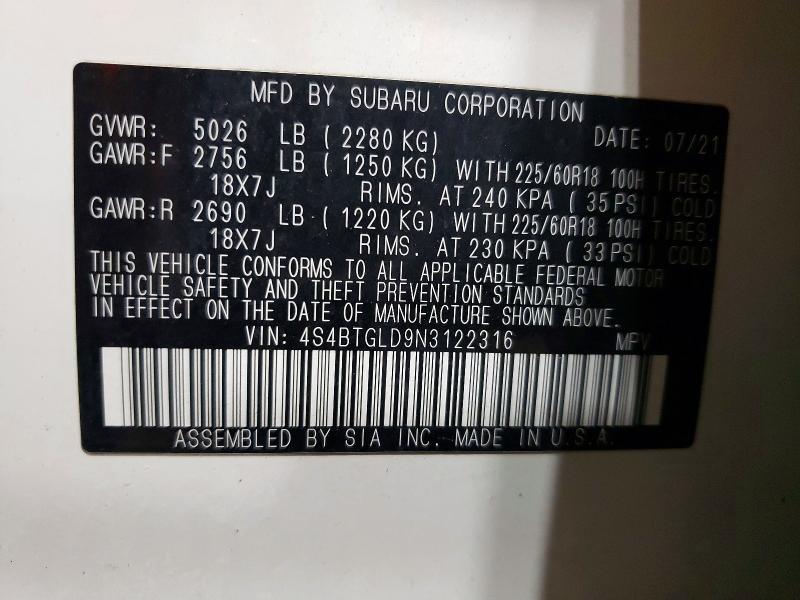 2022 Subaru Outback მანქანა იყიდება აუქციონზე, vin: 4S4BTGLD9N3122316, აუქციონის ნომერი: 51067516