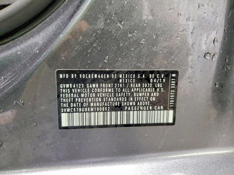 2019 Volkswagen Jetta მანქანა იყიდება აუქციონზე, vin: 3VWC57BU8KM190652, აუქციონის ნომერი: 50234586