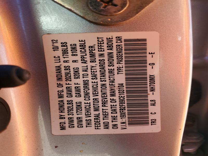 51638716 :رقم المزاد ، 19XFB2F89CE103104 vin ، 2012 Honda Civic مزاد بيع