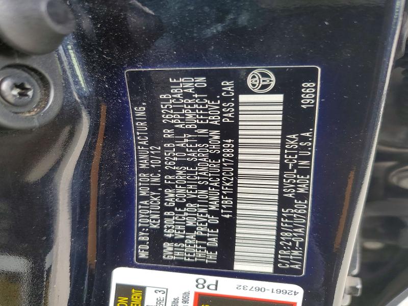 Продаж на аукціоні авто 2012 Toyota Camry, vin: 4T1BF1FK2CU178894, номер лоту: 49835556
