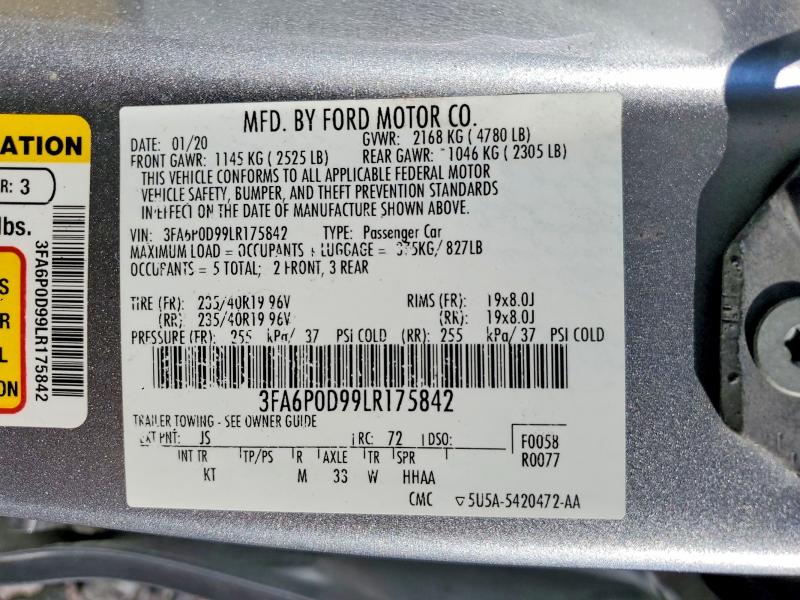 49925256 :رقم المزاد ، 3FA6P0D99LR175842 vin ، 2020 Ford Fusion مزاد بيع