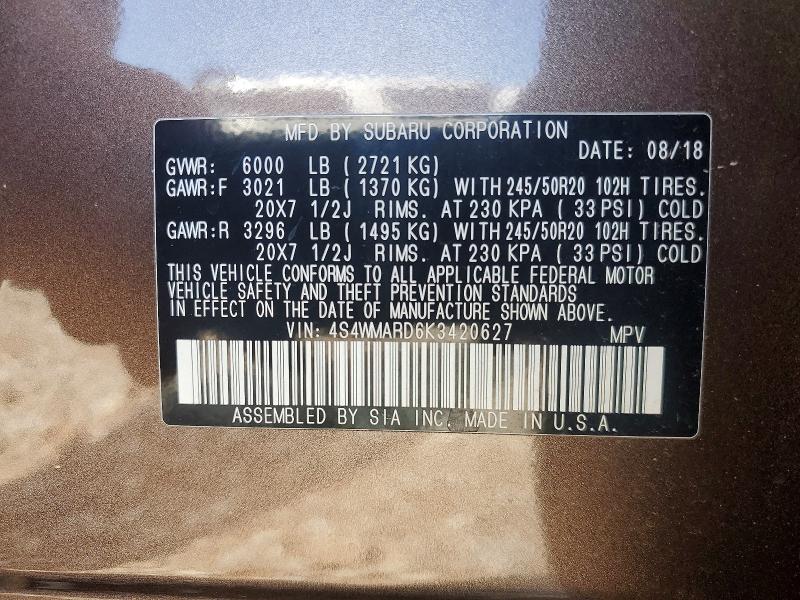2019 Subaru Ascent მანქანა იყიდება აუქციონზე, vin: 4S4WMARD6K3420627, აუქციონის ნომერი: 50959606