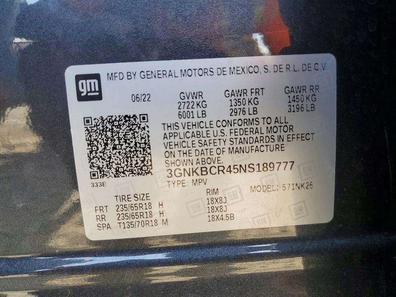 50602826 :رقم المزاد ، 3GNKBCR45NS189777 vin ، 2022 Chevrolet Blazer مزاد بيع