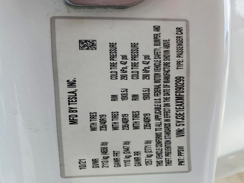 2021 Tesla Model 3 მანქანა იყიდება აუქციონზე, vin: 5YJ3E1EAXMF090299, აუქციონის ნომერი: 48789536