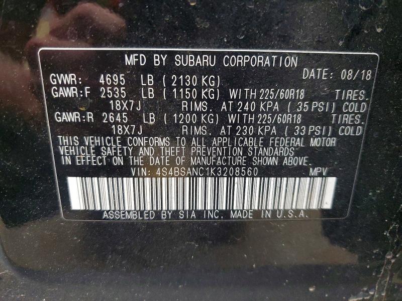 Aukcja sprzedaży 2019 Subaru Outback, vin: 4S4BSANC1K3208560, numer aukcji: 50456786