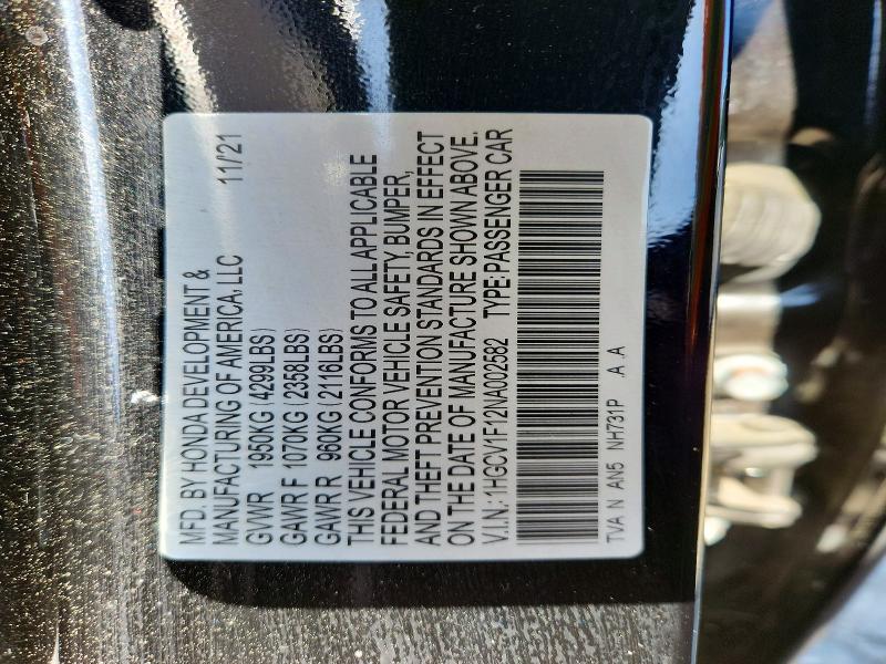 Aukcja sprzedaży 2022 Honda Accord, vin: 1HGCV1F12NA002582, numer aukcji: 50582746