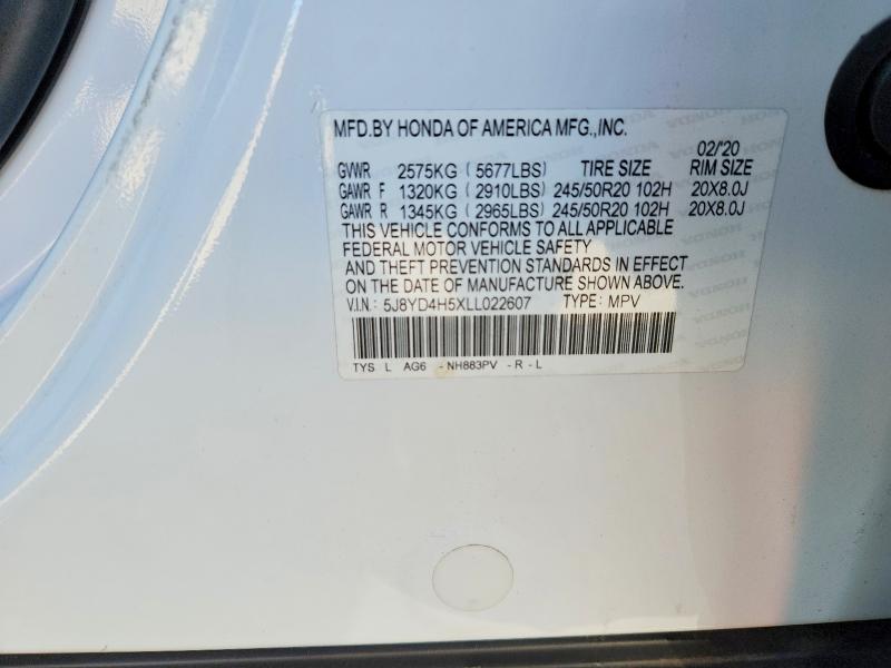 49580206 :رقم المزاد ، 5J8YD4H5XLL022607 vin ، 2020 Acura Mdx مزاد بيع