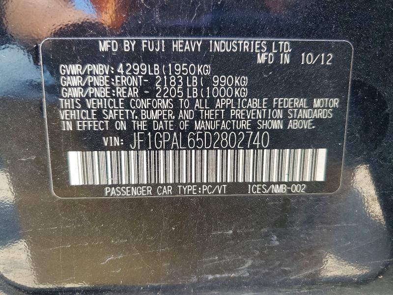 2013 Subaru Impreza მანქანა იყიდება აუქციონზე, vin: JF1GPAL65D2802740, აუქციონის ნომერი: 48102176