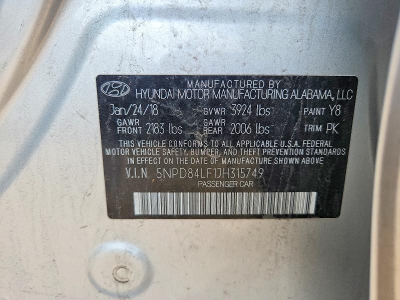 2018 Hyundai Elantra მანქანა იყიდება აუქციონზე, vin: 5NPD84LF1JH315749, აუქციონის ნომერი: 50349656