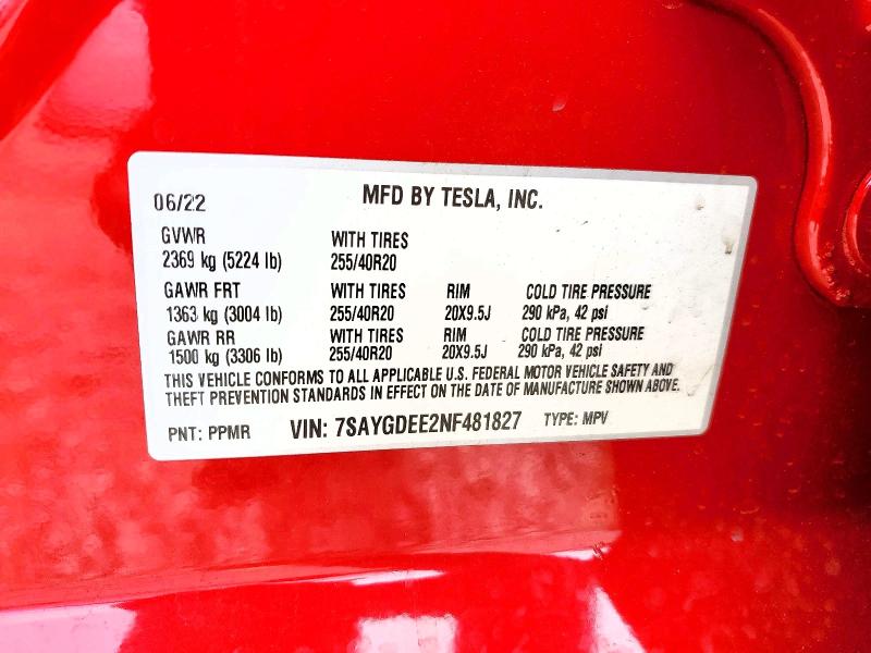 2022 Tesla Model Y მანქანა იყიდება აუქციონზე, vin: 7SAYGDEE2NF481827, აუქციონის ნომერი: 49840076