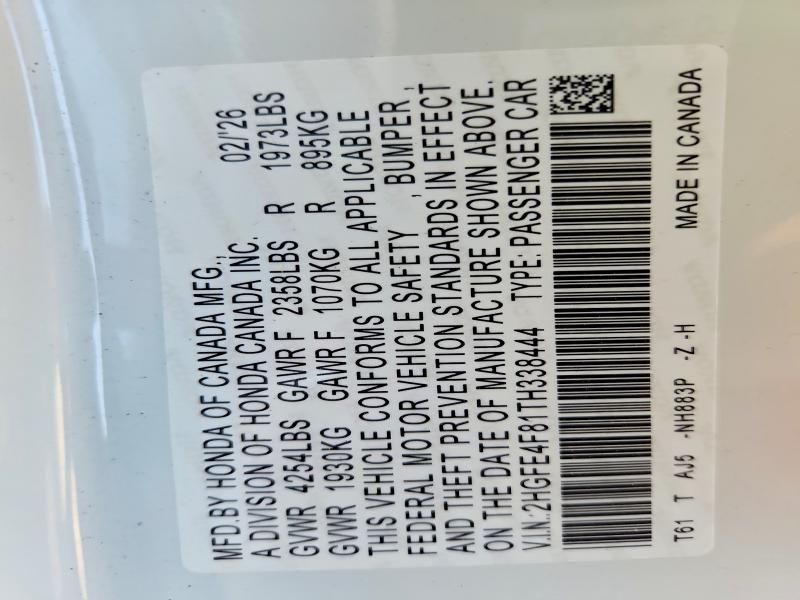 Продаж на аукціоні авто 2026 Honda Civic, vin: 2HGFE4F81TH338444, номер лоту: 49684376