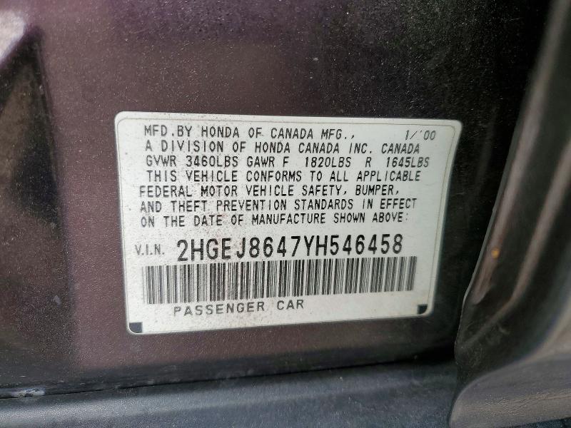 50352156 :رقم المزاد ، 2HGEJ8647YH546458 vin ، 2000 Honda Civic مزاد بيع