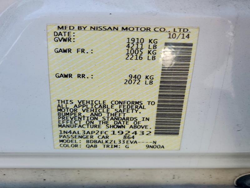 51800176 :رقم المزاد ، 1N4AL3AP2FC192432 vin ، 2015 Nissan Altima مزاد بيع